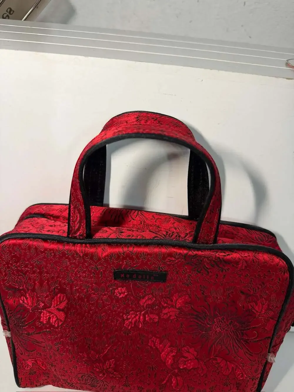 Modella Red Floral Brocade Cosmetic Makeup Bag Set